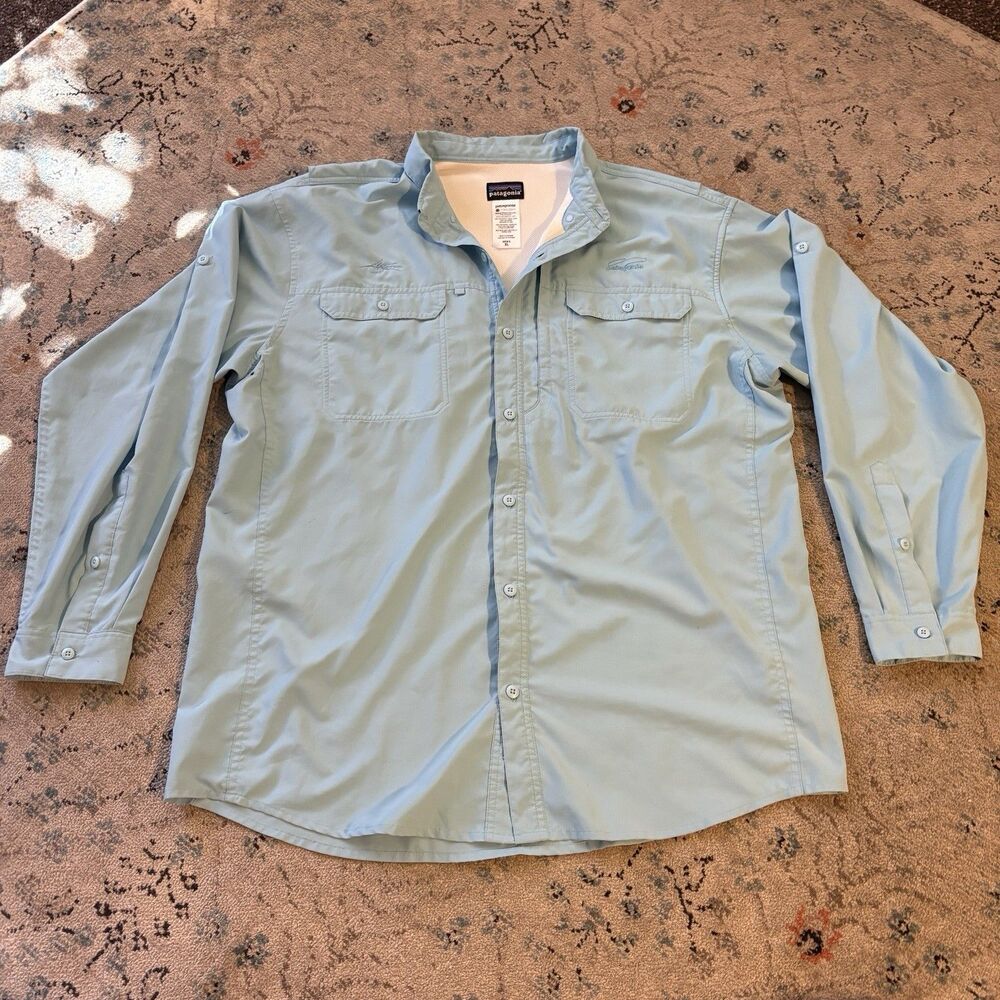 Patagonia Men’s Sol Patrol Shirt Size XL Blue Polyester Fishing Embroidery